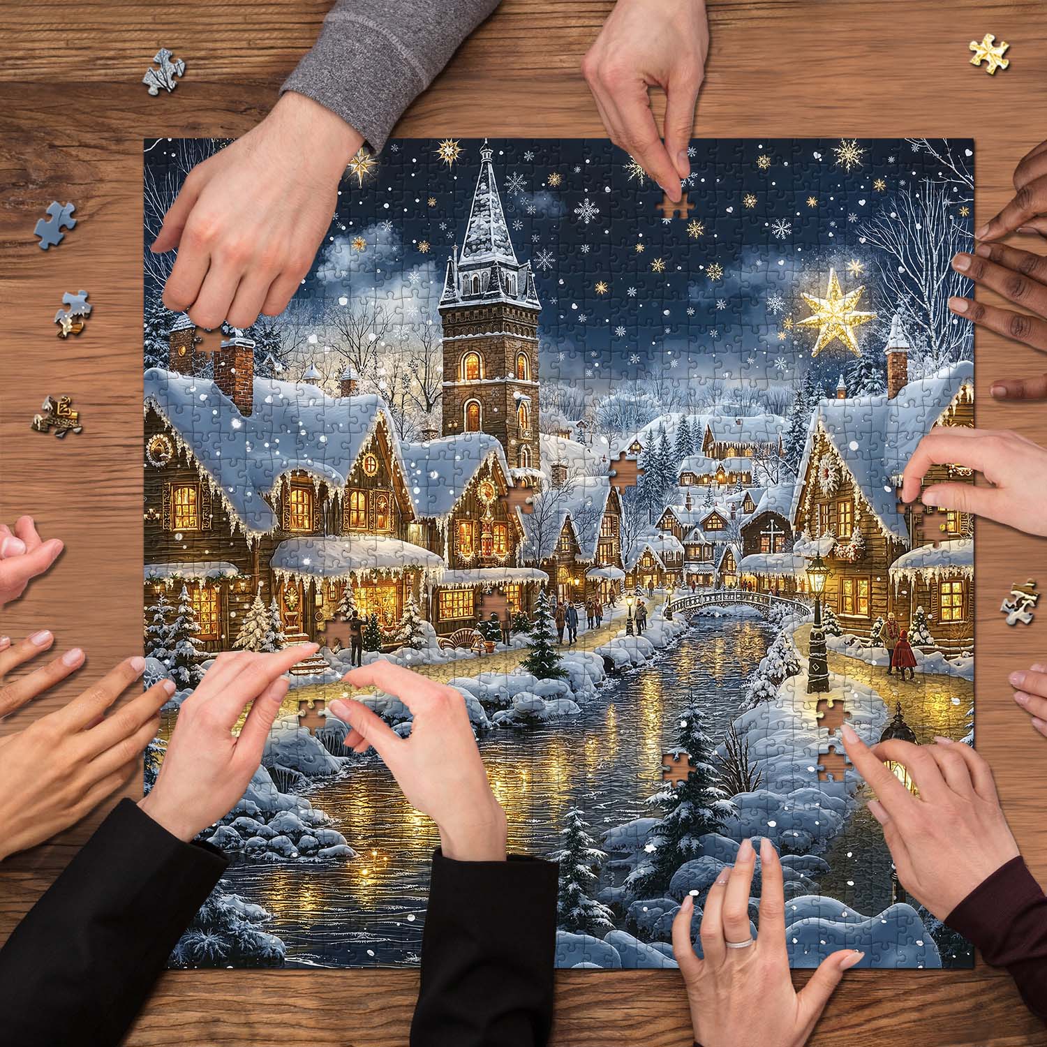 Frosty Christmas River Town Jigsaw Puzzle 1000 Pieces