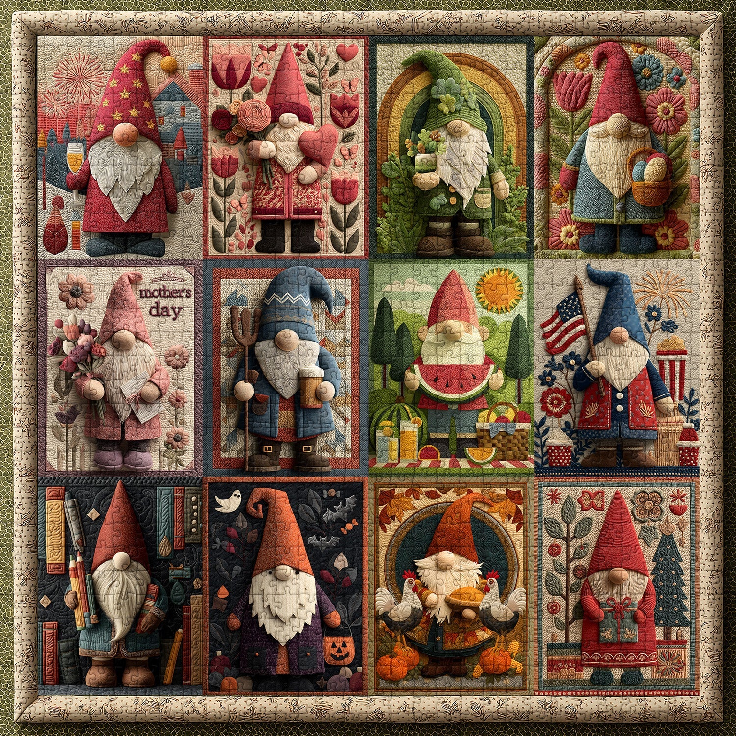 Gnome Holidays Quilt Jigsaw Puzzles 1000 Pieces